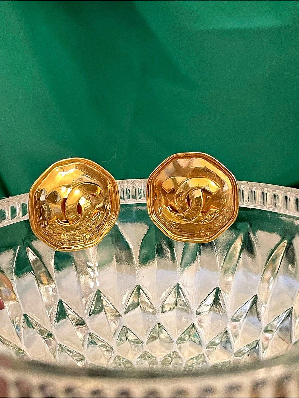 Vintage Chanel Hammered Crinkled Gold Camellia CC Clip On Statement Earrings